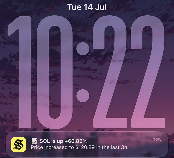 A phone lock screen showing the time 10:22 on Tuesday, July 14, with a notification that SOL is up +60.85% and the price increased to $120.89 in the last 3 hours.