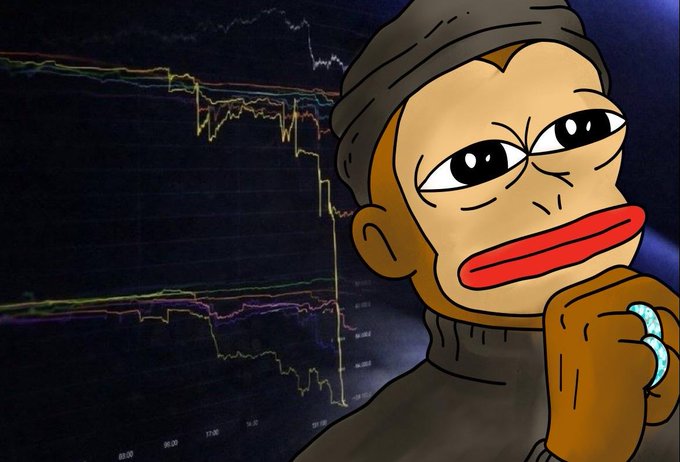 A cartoon character with a concerned expression in front of a stock trading chart showing a sharp downward trend, representing a crypto or stock market crash meme.