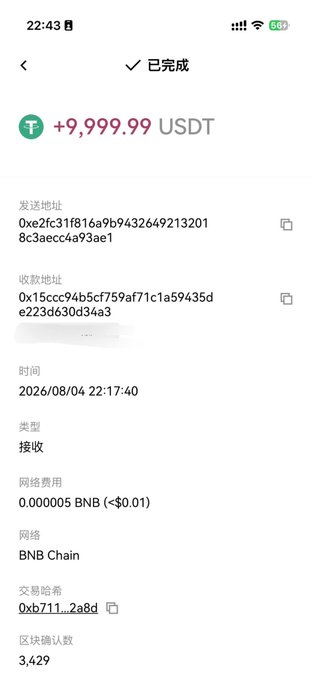 A completed transaction on the BNB Chain showing a transfer of +9,999.99 USDT (worth roughly $10,000) from address 0xe2fc...3ae1 to 0x15cc...d4a3, with a network fee of 0.000005 BNB (~$0.01), dated 2026/08/04 at 22:17:40. The image serves as proof of the $10,000 USDT purchase of $AIW3 tokens the poster mentioned to fund special airdrops for post comments.
