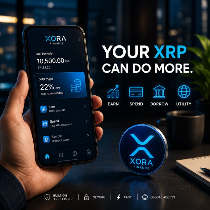 A promotional ad for XORA Finance showing a smartphone displaying 10,500.00 XRP ($7,182.35) with 22% APY auto-compounding yield, alongside the tagline 'YOUR XRP CAN DO MORE' and icons for Earn, Spend, Borrow, and Utility, built on XRP Ledger.