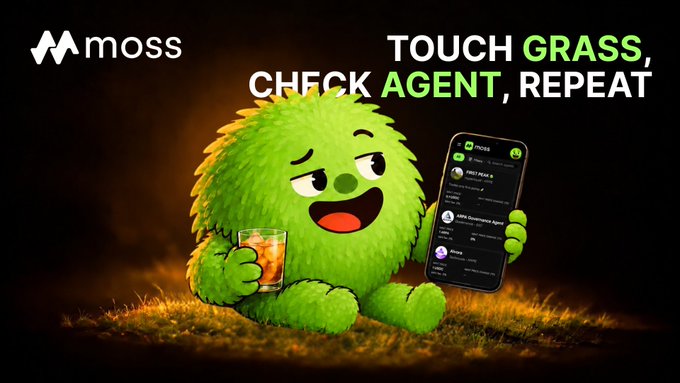 An advertisement for Moss featuring a green fuzzy character holding a whiskey glass and a smartphone, with the slogan 'TOUCH GRASS, CHECK AGENT, REPEAT.'