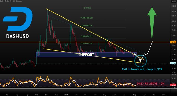 A Dash/Tether (DASHUSD) daily candlestick chart on Binance displays price action contained within a falling wedge pattern, bounded by yellow descending trendlines and a horizontal support zone around $30-42, with Fibonacci retracement values (0.236-1.0) marked in green and an RSI indicator below showing a note that "DAILY RSI ABOVE = OK." Text annotations read "SUPPORT" within the blue highlighted zone and "Fail to break out, drop to $22" pointing to recent price action, alongside a large green upward arrow suggesting a potential breakout scenario.