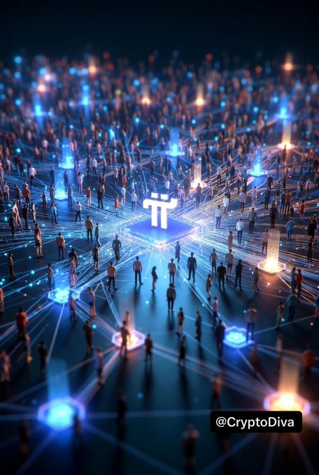 A glowing Pi Network logo sits at the center of a vast digital network, surrounded by crowds of silhouetted figures connected by luminous nodes and lines, symbolizing the Protocol 26 Mainnet Upgrade's expanding community-driven ecosystem. The watermark "@CryptoDiva" appears in the bottom right corner.