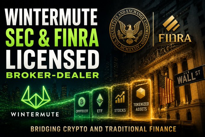 A promotional banner for Wintermute announcing it is SEC & FINRA licensed as a broker-dealer, bridging crypto and traditional finance with offerings including Crypto ETF, ETF, Stocks, and Tokenized Assets.