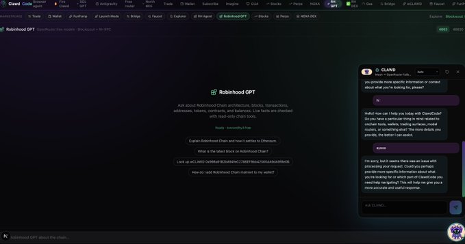 Screenshot of Robinhood GPT interface on clawd.com, with an AI chatbot (CLAWD) explaining it cannot help with a Uniswap token on Robinhood Chain but offering to provide more general information.