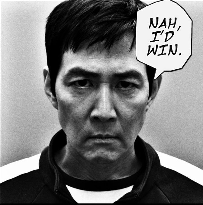 A black-and-white close-up of a stern-looking man with a speech bubble reading "NAH, I'D WIN."—mirroring the post's confident "You and I MUST win" declaration with even greater bravado.