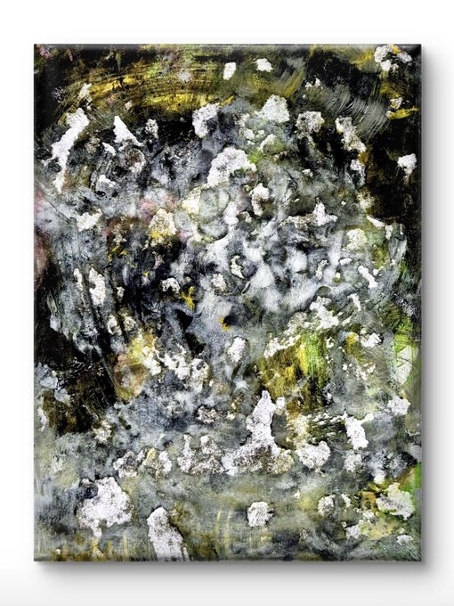 An abstract painting dominated by dark greens, blacks, and white textured patches, mounted on a wall.