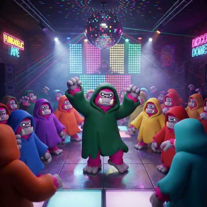 A 3D-rendered scene of cartoonish gorillas in colorful hoodies dancing in a club with a disco ball, neon lights, and signs reading "FUNKADELIC APE" and "DISCO DOME."