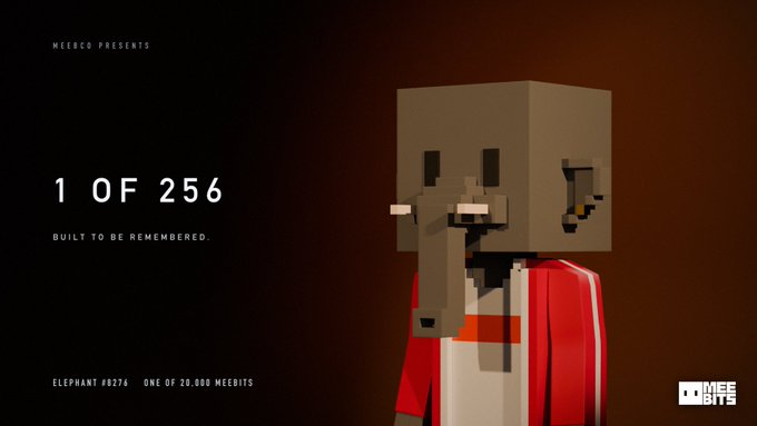 A promotional graphic for MEECO featuring a pixelated/blocky voxel-style elephant character wearing a red jacket, with text "1 OF 256," "BUILT TO BE REMEMBERED," "ELEPHANT #0276," and "ONE OF 20,000 MEEBITS."