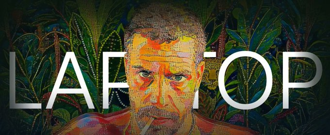 A colorful, textured digital artwork of a bearded man smoking a cigarette appears behind the large white text 'LAFF-OP'.