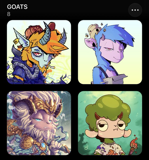 A mobile app screen titled 'GOATS 8' displays four cartoon character portraits arranged in a grid.