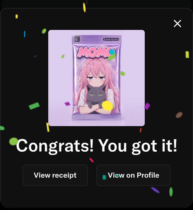 A 'Congrats! You got it!' screen showing a digital collectible NFT card featuring an anime-style pink-haired character called 'MOMO' holding a black cat, with options to view receipt or profile.