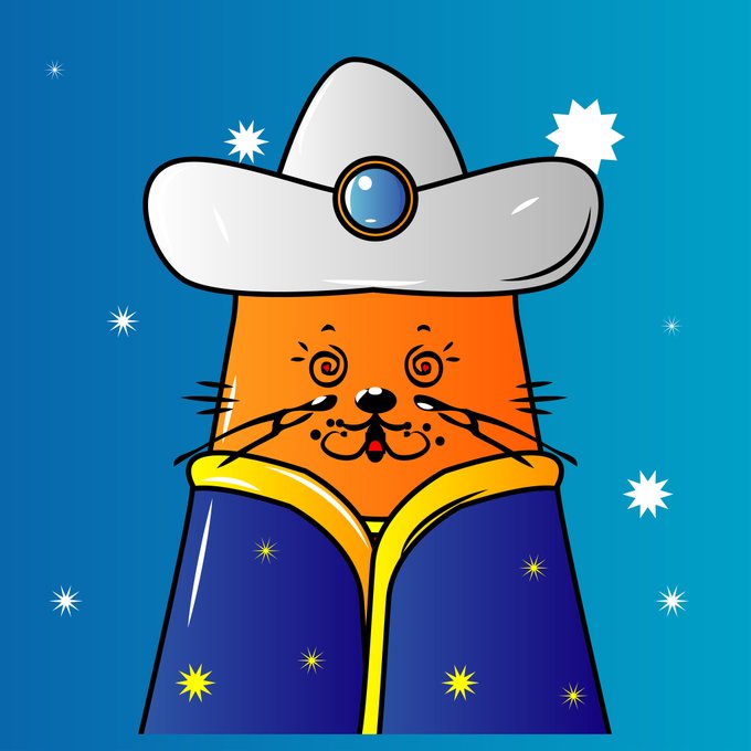 A cartoon illustration of an orange cat with swirling red eyes wearing a silver wizard hat with a blue gem and a blue robe patterned with stars.