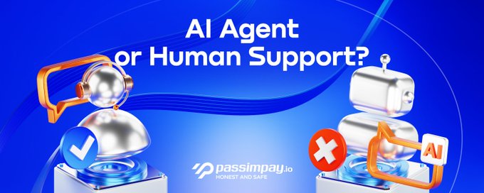 A promotional graphic with a blue background features the text 'AI Agent or Human Support?' alongside two 3D robotic figures—one marked with a blue checkmark and the other with a red 'X' and an 'AI' tag—above the 'passimpay.io' logo.