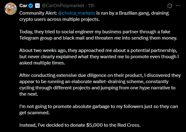 The image displays a screenshot taken from a post on social media, where a conversation about someone being scammed by a group called "Biggest Polymarket badge holder" has been shared. The post is titled, "Scammed project for $5k", and it mentions that the project was stolen at around two weeks ago, but they never got any proof of this theft. The image also includes text from a message on Twitter, where someone says that they are going to promote absolute garbage to their followers in order to scam them off $5,000 to the Red Cross.