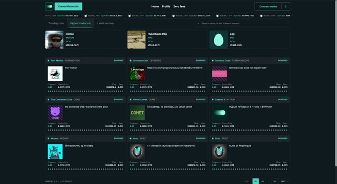 The image displays the Motion memecoin launchpad homepage on HyperEVM, featuring a list of trending tokens including MOTION, Hyperliquid Dog, EGG, LEVERAGE, Terminal Pepe, the connected crab, COMET, Season 3 Hypurr, Wizard, and Buzz, along with market caps ranging from ~0.99M to ~9.07M. This aligns with the post highlighting Motion as a zero-fee memecoin launchpad on HyperEVM, showcasing one of its listed tokens ($MOTION) alongside the platform's interface for browsing other trending meme coins.