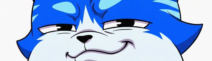A close-up cartoon portrait of the blue cat/fox character with half-lidded eyes and a sly, mischievous smirk.