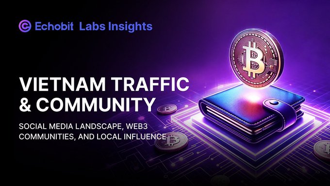 A promotional graphic titled 'VIETNAM TRAFFIC & COMMUNITY' by Echobit Labs Insights, featuring a purple background with a wallet, Bitcoin coin, and text reading 'SOCIAL MEDIA LANDSCAPE, WEB3 COMMUNITIES, AND LOCAL INFLUENCE.'