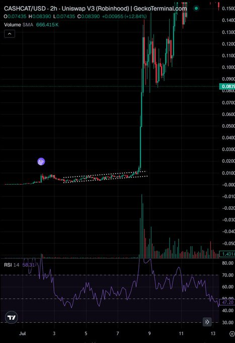 A 2-hour candlestick chart from GeckoTerminal shows $CASHCAT/USD on Uniswap V3 (Robinhood) surging from roughly $0.01 to $0.0839 (+12.84%) with a sharp vertical rally around July 9, while the RSI sits at 47.20 and volume SMA reads 666.415K—mirroring the early explosive price action pattern referenced for $pons.