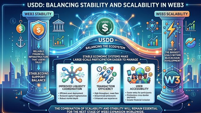 The image features two blue pillars, each displaying different information related to web scalability and stability. The top pillar shows a flowchart of USDD (Uniswap) and its connection between stability and scalability in Web3 Scalability. On the lower pillar, there's more detail about stablecoins and how they support the balance between stability and scalability in Web3.