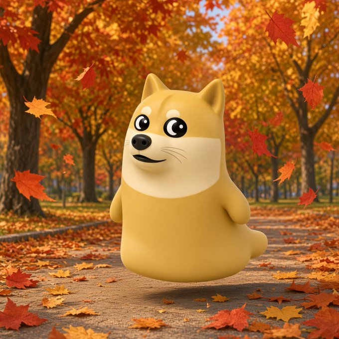 A 3D-rendered illustration of a cute, cartoon-style tan Shiba Inu dog floating above a path in an autumn park filled with orange and red leaves.
