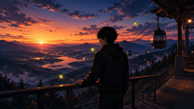 An anime-style illustration of a person silhouetted against a stunning sunset, leaning on a railing at a cable car station while overlooking a vast mountainous landscape with a winding river and glowing yellow butterflies.