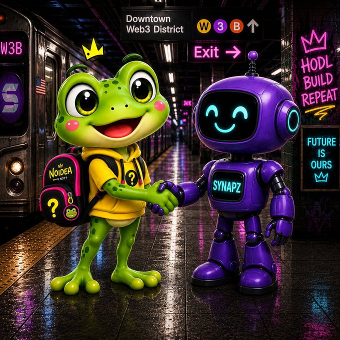 A digital illustration of a green frog wearing a yellow hoodie and a 'NOIDEA' backpack shaking hands with a purple robot labeled 'SYNAPZ' in a subway station with signs for 'Downtown Web3 District' and 'W3B'.