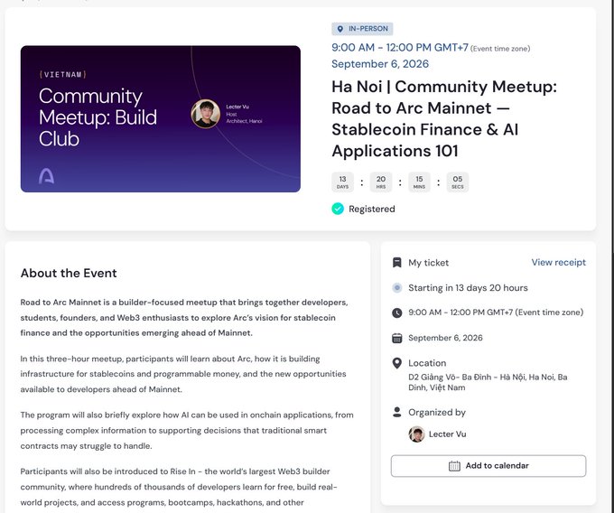 A webpage screenshot for 'Ha Noi | Community Meetup: Road to Arc Mainnet — Stablecoin Finance & AI Applications 101' scheduled for September 6, 2026, organized by Lecter Vu.