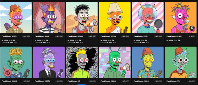 A grid of 12 colorful NFT profile pictures from the 'FreakHead' collection, displaying cartoonish characters with various traits and listed prices in ETH, including IDs like #5979, #0501, and #9800.