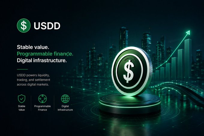A promotional graphic for USDD cryptocurrency, highlighting 'Stable value. Programmable finance. Digital infrastructure.' with a glowing dollar coin symbol against a futuristic cityscape.
