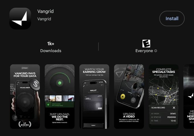 Google Play Store listing for the "Vangrid" app with over 1k+ downloads, showing screenshots of features like earning rewards for uploading data and uploading videos.