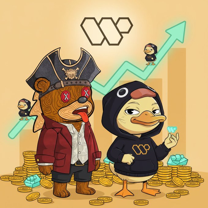 urn of gold coins, a cartoon duck, and two cartoon bears in pirate hats stand against a yellow background with a blue arrow pointing upwards.
