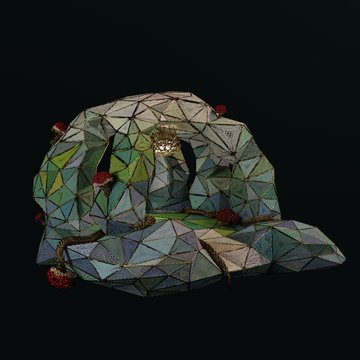 A 3D digital model of a geometric dome-shaped terrarium with low-poly triangular facets, illuminated from within and decorated with small red roses on a dark background.