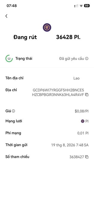 A Pi Network withdrawal screen showing a "Đang rút" (Withdrawing) status of 36,428 Pi to a Laos address (GCDP6WI7YRGGF5HH2BNCE5HZCBPGIR3NNK63HLA4R4VF) with a network fee of 0.01 Pi (~$0.08) on the Pi network. The image visually confirms the post's point about the low Pi network fee, showing the 0.01 Pi withdrawal charge that translates to roughly 25 Vietnamese dong at current exchange rates.