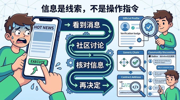 An informational graphic in Chinese warning that information is a clue, not an operating instruction, showing steps: see news, community discussion, verify information, then decide.