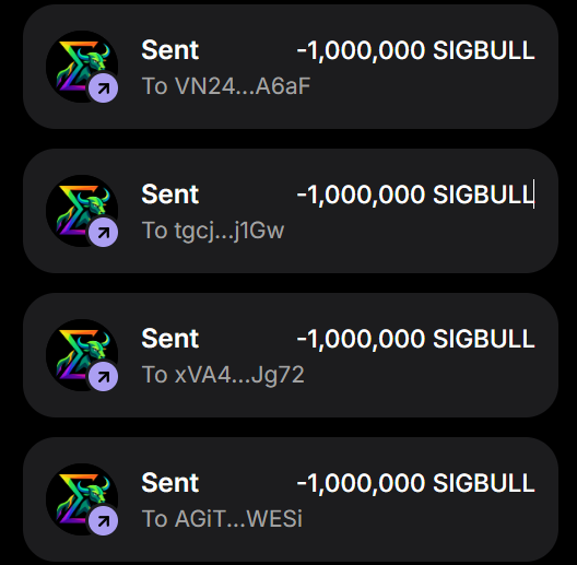 A screenshot of transaction history showing multiple "-1,000,000 SIGBULL" sent entries to various Solana wallet addresses (VN24...A6aF, tgcj...j1GW, xVA4...Jg72, and AGiT...WESi), demonstrating proof of the SigmaBullX airdrop distribution mentioned in the post.