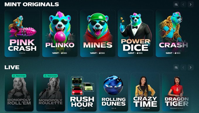 Online casino gaming interface displaying 'Mint Originals' games (Pink Crash, Plinko, Mines, Power Dice, Crash) and 'Live' games (Monopoly Roll 'Em, Monopoly Roulette, Rush Hour, Rolling Dunes, Crazy Time, Dragon Tiger).
