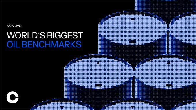 The image, with its stylized blue oil barrels and text "WORLD'S BIGGEST OIL BENCHMARKS," visually represents Coinbase's new offering of WTI and Brent crude oil perpetual futures for eligible non-US traders.
