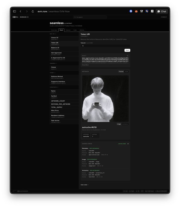 A screenshot of the evm.now website displaying a contract page for 'seamless' showing token URI details and an NFT image labeled 'autosche #1/10' featuring a black-and-white photo of a person on a phone.