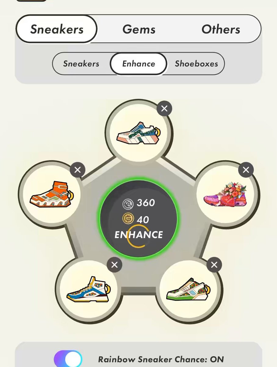 The image shows a collection of six different sneakers arranged in two rows, with three pairs displayed at the top row and three pairs at the bottom row. The sneakers are colorful and come in various styles, making them visually appealing. The post about enhancing sneakers is related to this image as it features these sneakers for sale or review on an app.