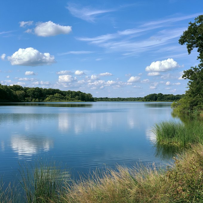 A serene landscape photograph of a calm lake reflecting a bright blue sky dotted with white cumulus clouds, bordered by lush green trees on the far shore and tall grasses in the foreground.