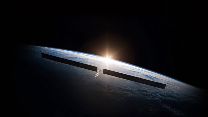 A satellite with extended solar panels orbits above Earth as the sun rises over the horizon, visually echoing the SpaceX-themed post about a datanet offering tokenized $SPCX earnings research rewards settled onchain.