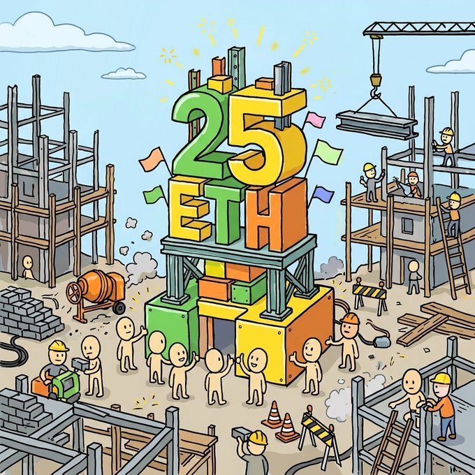 The image features a group of people working together at a construction site, surrounded by various building materials such as bricks and scaffolding. The scene includes a large number "25" prominently displayed above them, which could be interpreted as an achievement or milestone for their project. The workers are actively engaged in the construction process, with some holding tools and others wearing hard hats to ensure safety while they build. The image also contains text that reads: "WE DID IT 25 ETH in volume. another milestone for OK Guy. brick by brick, you helped build this. next stop: getting verified on opensea." This message emphasizes the importance of their work and the progress being made at the construction site.