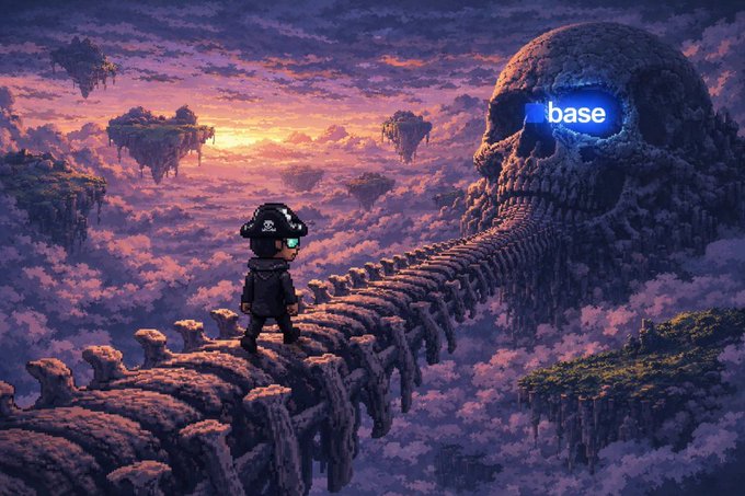 Surreal digital artwork featuring a character in a black pirate hat walking on a bone bridge stretching toward a massive skull with glowing blue 'base' logo in its eye socket, set against a pink and purple cloudy sky with floating islands.