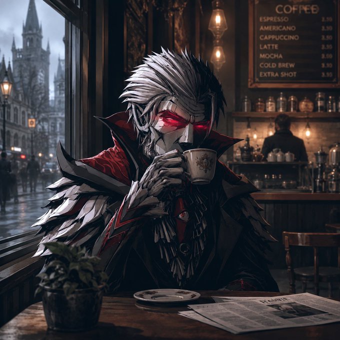 A stylized anime-inspired character with white hair, glowing red eyes, and a dark feathered coat sits in a moody café drinking from a white mug, with a coffee menu (Espresso, Americano, Cappuccino, Latte, Mocha, Cold Brew, Extra Shot) visible on the wall behind.