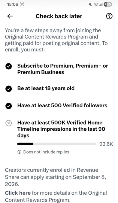 A mobile screenshot of an "Original Content Rewards Program" eligibility page showing checklist items including Premium subscription, age 18+, 500 verified followers (checked), and 500K impressions in 90 days (showing 92.6K).