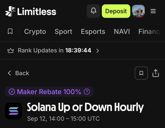 A screenshot of the Limitless prediction platform interface showing navigation tabs for Crypto, Sport, Esports, NAVI, and Finance, with a 'Solana Up or Down Hourly' market listed for Sep 12, 14:00 – 15:00 UTC featuring 'Maker Rebate 100%'.