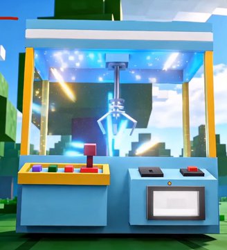 Pixelated/blocky 3D rendering of a blue claw machine with a glowing diamond inside, set in a Minecraft-like environment.