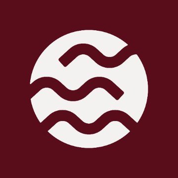 A minimalist white logo depicting three wavy lines within a circle, set against a deep maroon background.