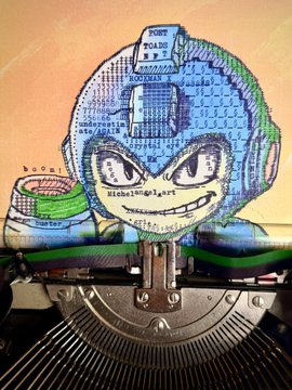 A blue jigsaw puzzle of Mega Man rests on top of a metallic typewriter.